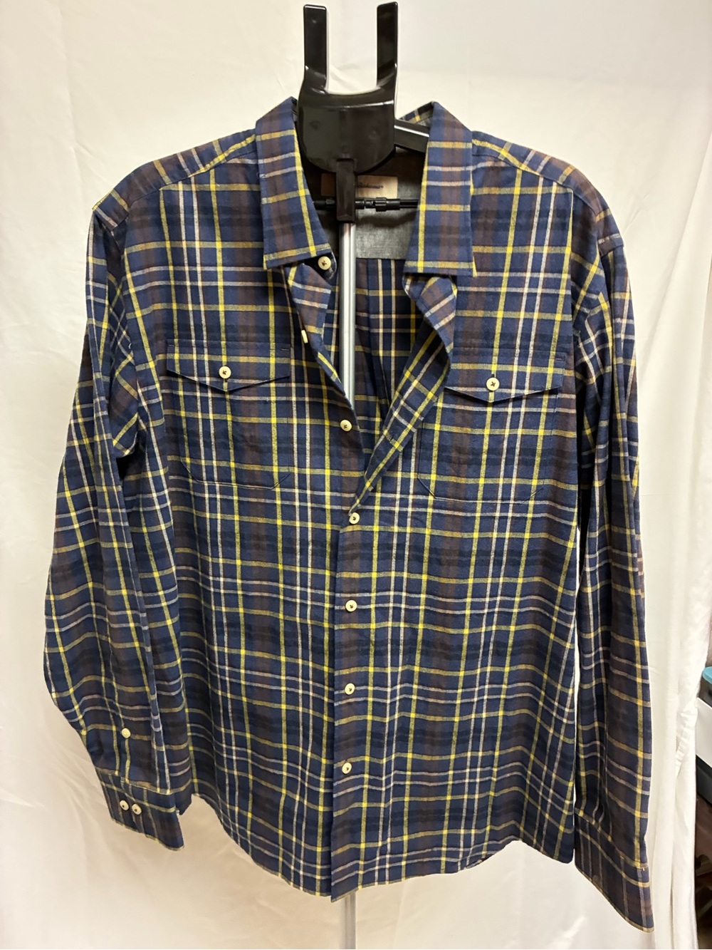 Tommy Bahama Men's Navy and Yellow Plaid Cotton Flannel Button-Up Shirt Size XLX